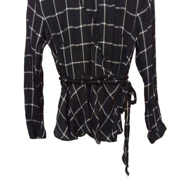 LOFT Black Window Pane Wrap Long Sleeve Tie Waist Ruffle Hem Blouse Sz M - Picture 2 of 9